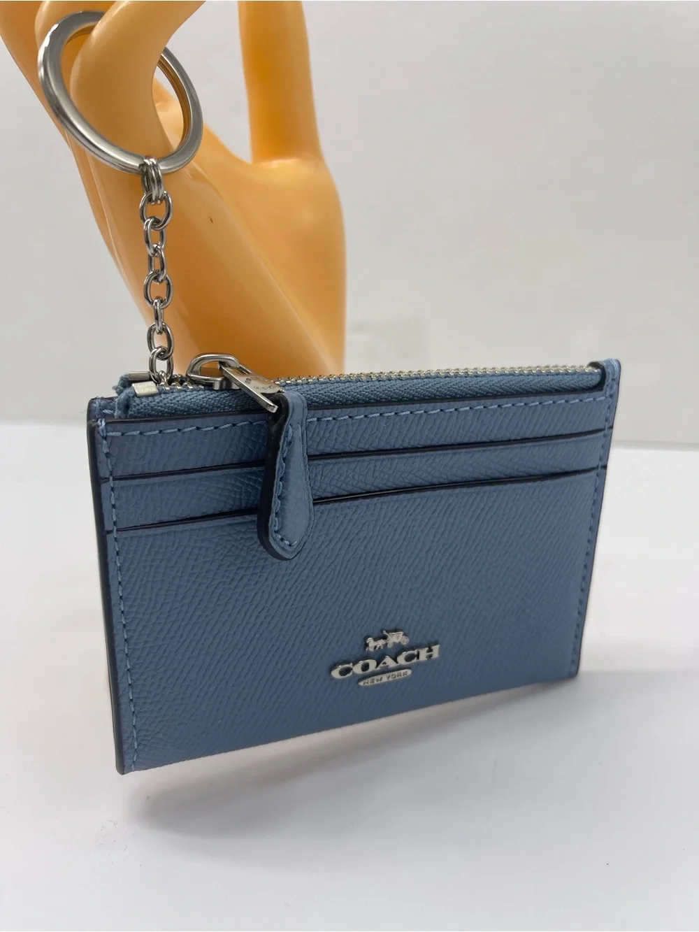 Coach Mini Skinny Crossgrain Leather Id Card Zip Closure Case Silver/Slate NWT
